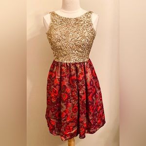 Wren Gold Sequin Red Jacquard Metallic SZ XS Gala Cocktail Festive Party Dress